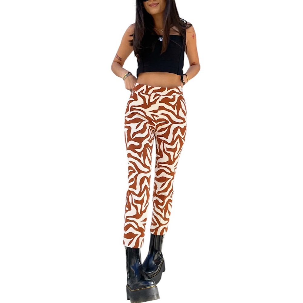 Spanx On-the-Go Pants Animal Print Ankle Slim Straight Women’s Sz S Brown Beige